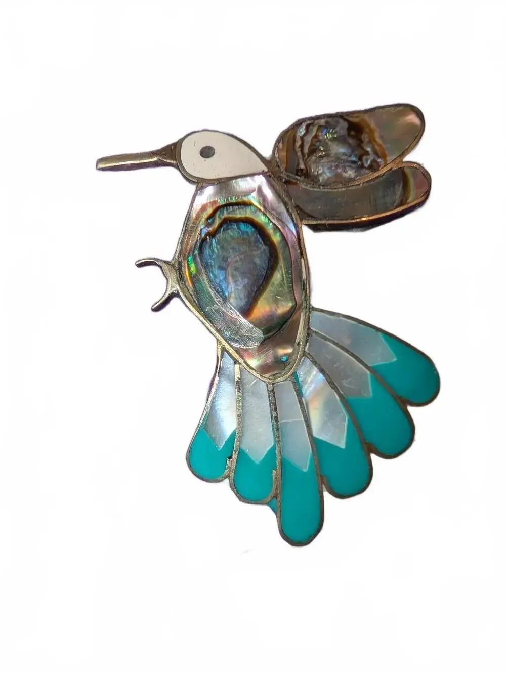 Vintage Alpaca Mexico Abalone and Turquoise Hummingbird Brooch Pin